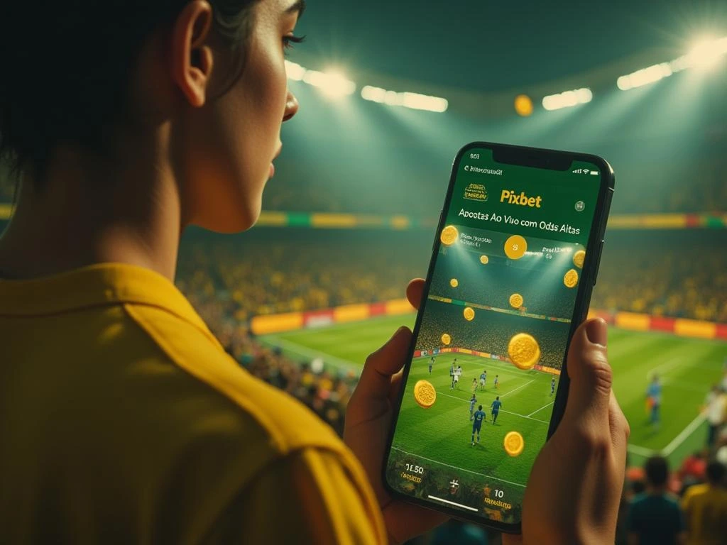 Banner de apostas ao vivo em futebol na Pixbet com odds em tempo real, apostador brasileiro com celular e interface de apostas visível.