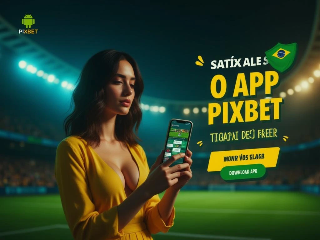 Banner do aplicativo oficial da Pixbet com celular Android exibindo interface de apostas, elementos de futebol e cassino em estilo moderno brasileiro.