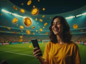 Banner promocional da Pixbet com bônus e cupons flutuantes, aplicativo no celular, e apostador brasileiro comemorando vitória com cores vibrantes do Brasil.