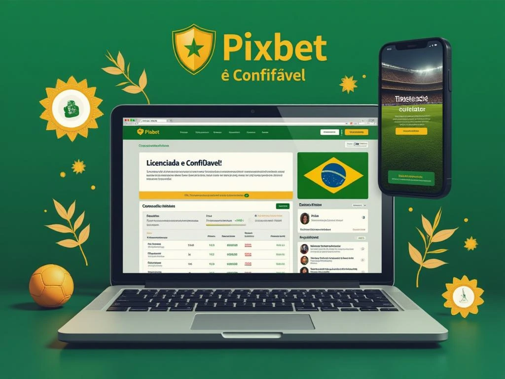 Ilustração do site da Pixbet com certificados de segurança, destaque para selo de confiabilidade e interface com suporte ao cliente.